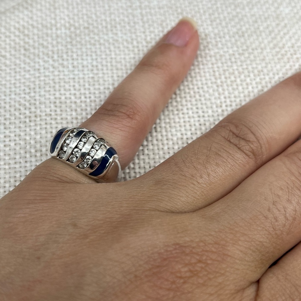 Vintage Sterling Silver Wide Band Ring with Enamel & CZ Accents Size 4.75 - Picture 7 of 16